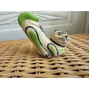 Vintage MCM Tonala Mexican Art Pottery Stretching Cat Kitty Hand Painted Floral